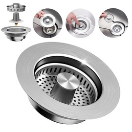 3-in-1 Kitchen Sink Drain Strainer Stopper – 304 Stainless Steel Pop Up Sink Plug with Filter Basket, Anti-Clog Design, Fits 3-1/2” US Standard Kitchen Sink Drains