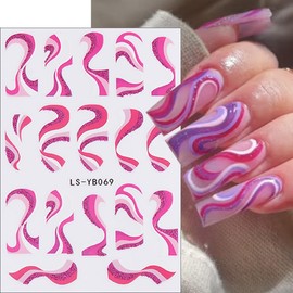 6Sheets Color French Nail Art Stickers 3D Self-Adhesive French Tip Line Nail Decals Colorful Geometric Curve Stripe Nail Stickers French Nail Tips Guides Nail Art Supplies for Women DIY Manicure Charm