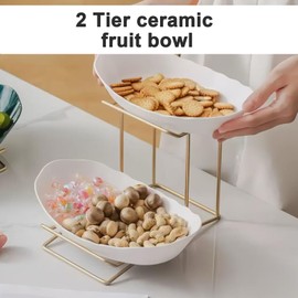 Fnaumdol 2 Tier plastics fruit bowl for kitchen counter，tiered fruit basket for countertop，Snack plate，Gold metal rust prevention，Party, family, birthday,Fully welded firmly (Gold&White)
