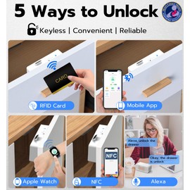 eLinkSmart Smart Cabinet Lock, Hidden No Drill Adhesive Magnetic Baby Proofing Child Proof Drawer Locks, Keyless RFID Bluetooth Cabinet Locks for Adults File Kitchen Cupboard Closet Liquor - White
