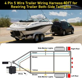 Aufind 4 Pin 5 Wire Trailer Wiring Harness Kit 40FT - 18AWG Pure Copper Wires with Tinned Ends to Prevent Corrosion, for Connection of Tail/Brake Lights and Turn Signals (40FT)