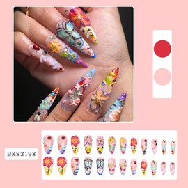 Square Press on Nails Long Fake Nails French False Nails Pink Artificial Nails with 3D Insect Designs XLAcrylic Nail Press ons Glitter Stick on Nails for Women 24pcs