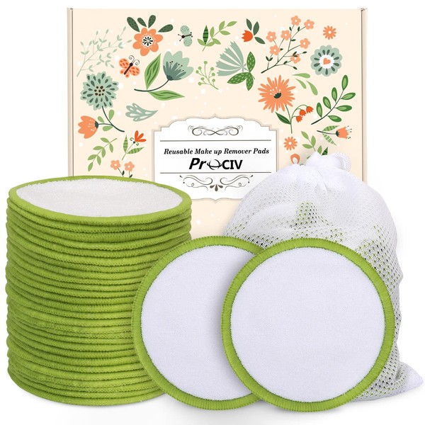 ProCIV Reusable Makeup Remover Pads - 20 Packs Washable Organic Bamboo Reusable Cotton Rounds for All Skin Types & Toner with Laundry Bag, Zero Waste Soft Reusable Cotton Pads for Woman Gift (Green)