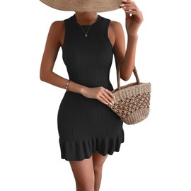 MakeMeChic Women's Sleeveless Sweater Dress Ribbed Knit Ruffle Hem Mini Dress Bodycon Crochet Dress Black S