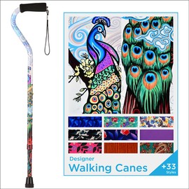 NOVA Designer Walking Cane with Offset Handle, Lightweight Adjustable Walking Stick with Carrying Strap, “Proud Peacock” Design