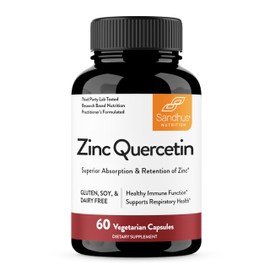 Sandhu's Zinc Quercetin 60 Vegetarian Capsules (Pack of 1) | High Absorption Zink Supplements for Immunity and Seasonal Allergy | Antioxidant Immune Support for Men and Women | Easy to Swallow