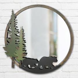 BLACK FOREST DECOR Rustic Round Wall Mirror with Bear Silhouettes - Lodge Style Metal Frame