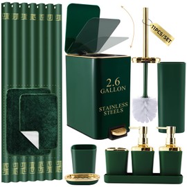 XLHOMO Bathroom Sets with Shower Curtain and Rugs Bathroom Accessories Set Hunter Green Bathroom Set,Soap Dispenser & Toilet Brush Holder Set with Stainless Steel Trash Can