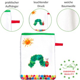Smithy Waschlappen Baby Raupe Nimmersatt | Baumwolle Frottee | Waschhandschuh Kinder | Jungen & Mädchen | Geschenk zur Geburt (weiß/bunt)