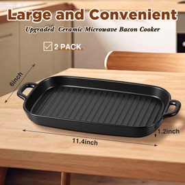 2 Pack Microwave Bacon Tray Ceramic Cooker with Drip Rack, Oven Dishwasher Safe, Breakfast Kitchen Tool for 4-6 Slices(Black)