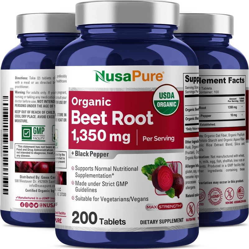 NusaPure Beet Root 1,350 mg 200 Organic Tablets (Vegetarian, USDA,