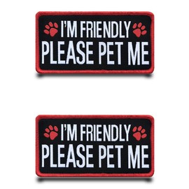 2 Pcs I'm Friendly Please Pet Me Funny Patch Emblem Service Dog Tactical Embroidered Fastener Hook & Loop Applique Military Flag Patches for Dog Harness,Vest,Bags,Backpacks,Clothes,Jacket,Hats