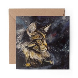 1 x Greeting Card Maine Coon Cat Painting Art - Blank Birthday Celebration Anniversary #15684