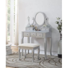 Roundhill Furniture Ashley Silver Wood Makeup Vanity Table and Stool Set