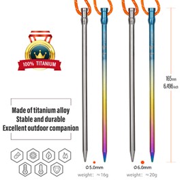 TiTo Titanium Outdoors Tent Pegs Or Tent Stakes 6pcs- Ultralight Heavy-Duty Tent Pegs with Reflective Rope Essential Tent Accessories for Camping Rain Tarps Hiking Backpacking (Colorful 6.0×165mm)