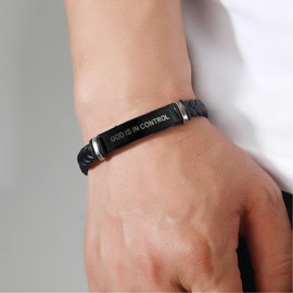 ZCVFA God is in Control Leather Bracelet, Stainless Steel Christian Faith Braided Engraved Bar Bracelets Self Worth Motivation Bracelet Inspirational Friendship Jewelry for Men Women（Black）