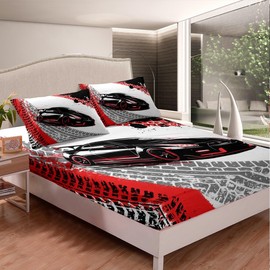 Feelyou Race Car Fitted Sheet Twin Size Kids Speed Sports Car Bed Sheet Set for Boys Girls Teens Racing Car Bedding Set Breathable Extreme Sports Bed Cover Red Automobile Bed Set