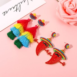 2 Pairs Mexican Earrings Cinco De Mayo Earrings for Women, Beaded Fiesta Earrings Piñata Sombrero Chili Pepper Earrings Layered Tassel Earrings, Mexican Holiday Jewelry Gifts, Zinc, No Gemstone