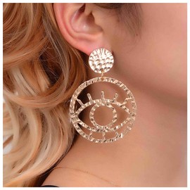 Inilbran Boho Circle Evil Eye Dangle Earrings Vintage Gold Round Drop Earrings Gothic Hollow Eye Coin Earrings Hammered Disc Earrings Exaggerate Earrings Jewelry for Women and Girls