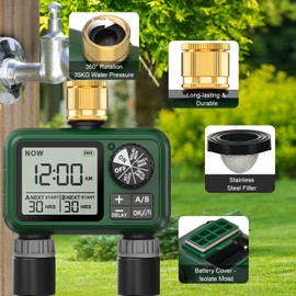 XinFuture Irrigation Computer 2 Outputs, Brass Inlet, Large LCD Display Watering Timer, Automatic Watering Timer with Rain Delayed/Manual/Tap Timer for Garden