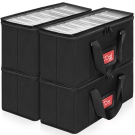 AKOZLIN 4-Pack CD Storage Box CD Case Holder with Transparent PVC Lid and Oxford Cloth - Holds Standard 14.3 x 12.5cm CD Cases and 30-31 CDs Each-Black(4 Pack)
