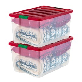 IRIS USA 94 Qt. Stackable Plastic Storage Bins with Lids, 2 Pack - BPA-Free, See-Through Organizing Solution, Latches, Durable Nestable Containers, Secure Pull Handle, Made in USA - Red
