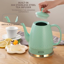 LONGSEED 1.2-Liters Ceramic Electric Kettle Pot, 1000W Fast Boil Water For Coffee & Tea, Automatic Shut-Off, Boil Dry Protection, Retro Gooseneck Teapot BPA Free Boiler