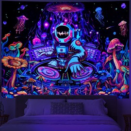 Amhokhui Blacklight Astronaut Tapestry UV Reactive Funny DJ Music Tapestry Trippy Aesthetic Tapestry Galaxy Space Tapestry Flower Wall Hanging Decor for Home