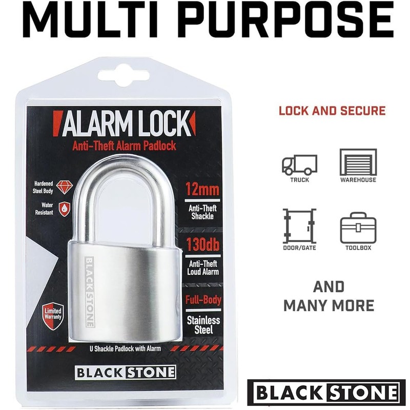 Blackstone Anti-Theft Loud 130db Alarm Padlock Weather Proof Heavy Duty