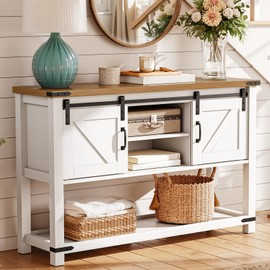 LARMNEE 39.4" Farmhouse Entryway Table with Storage, Narrow Console Table with Open Shelves and 2 Cabinets, Sofa Table with Sliding Barn Doors, for Hallway, Living Room, White and Walnut WH81XG01