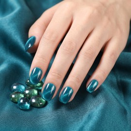 Sun&Beam Nails Handmade Nail Tips Short Round False Nails Plain Blue Green Light Blue Cat Eye Magnet Popular Stylish Cute False Nail Pack of 10 (#93 XS)