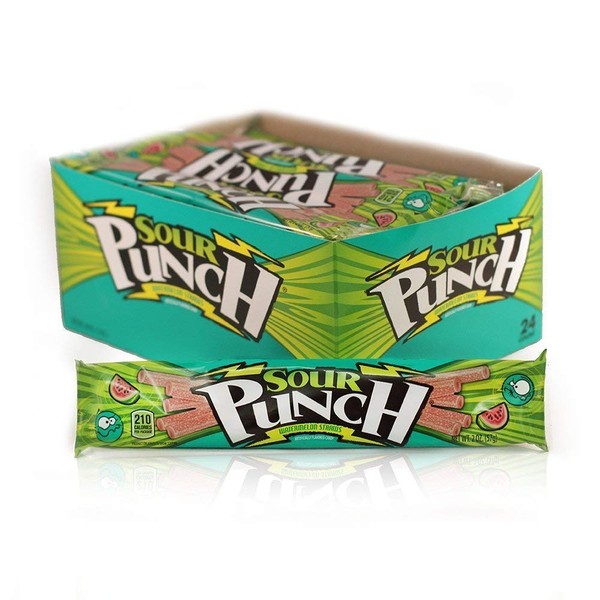Sour Punch Straws, Watermelon Fruit Flavor, 2oz Tray (24 Pack), Soft & Chewy Candy