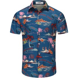 KYKU Fun Button Up Shirts for Men Hawaiian Palm Tree Shirt Beach Dark Blue, 2XL