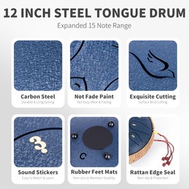 Steel Tongue Drum, 12 Inch 15 Note Tongue Drums, Handpan Drums Percussion Instrument for Kids & Adults, Hand Pan Drum with Music Book, Drum Mallets and Carry Bag, Major C (Navy Blue)