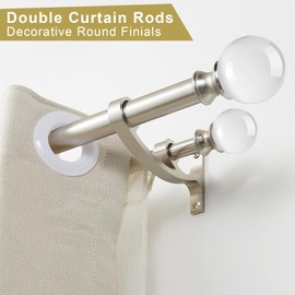 Double Curtain Rods 72-144 Inches, Heavy Duty Telescoping Drapery Rod 1 Inch Front and 5/8 Inch Diameter Back Double Window Treatment Rod with Clear Round Finials, Brushed Nickel