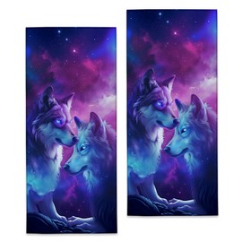 Turamurra Galaxy Wolf Hand Towels - 2 Pack, 14.5" X 28", Soft Microfiber Polyester Bath Towel Set with Wolves, for Bathroom Kitchen Spa Hotel Decor Gifts for Women