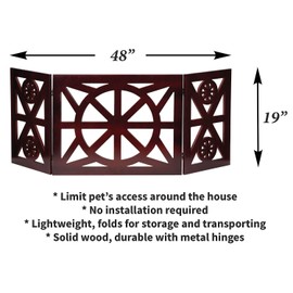 Etna 3 Panel Dog Gate - Trifold Wagon Wheel, Freestanding, Lightweight Foldable, Mahogany Wood, Brown, 48" W x 19" H