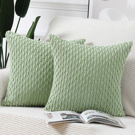 Madizz Pack of 2 Boho Corduroy Cushion Covers 24x24 inch, 60x60 cm, Light Green Soft Decorative Throw Pillow Covers for Bedroom Sofa Pillow Shell
