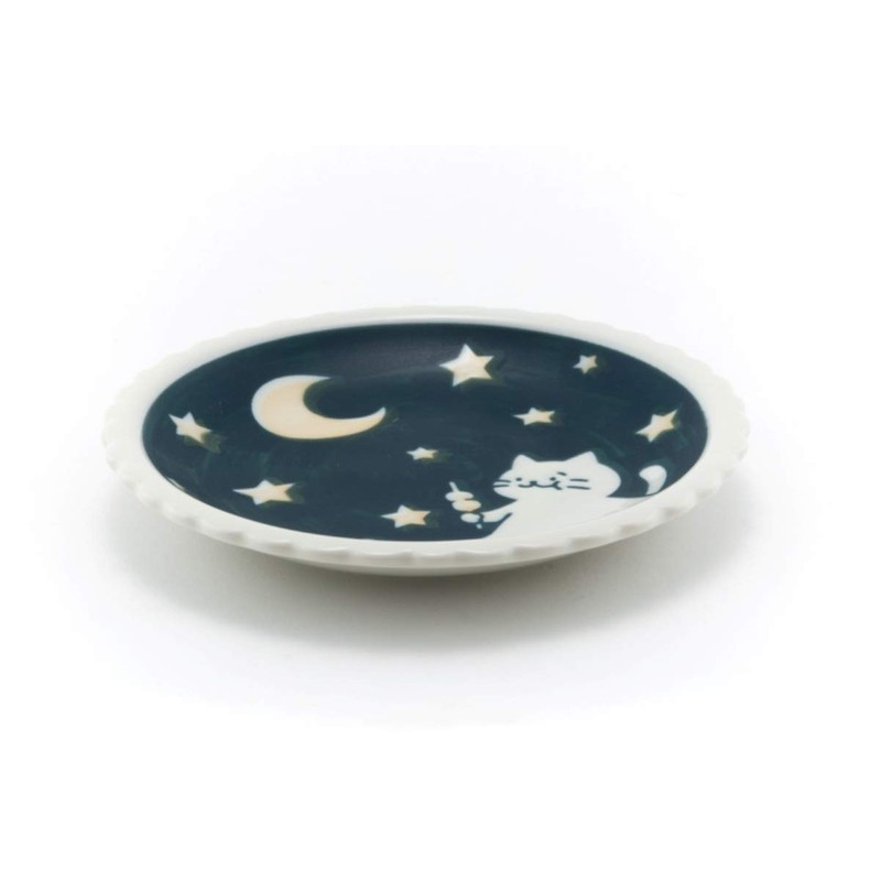 Needzo Japanese Blue Lucky Cat and Moon Design Plate, 5