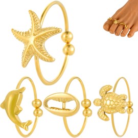 LIU JUN Toe Rings For Women, Starfish Seashell Toe Ring Set Summer Beach Chunky Gold Turtle Dolphin Toes Rings Adjustable Stainless Steel Stackable Jewelry Gifts (Set1-4pcs)