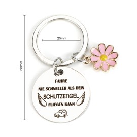 Key Ring for Women, Round Metal Decoration with Motivational Safety Driver Saying and Beautiful Flower Pendant, Perfect Small Gifts for Good Friends, Birthday Gifts, silver