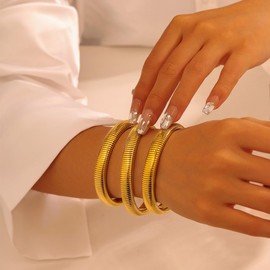 BUYITO Chunky Gold Bangles Bracelets for Women 18K Gold Plated Stainless Steels Stretch Bangles Flexible Wide Wristband Link Chain Cuff Bracelets Trendy Jewelry Gift (10mm gold bangles 3pcs)