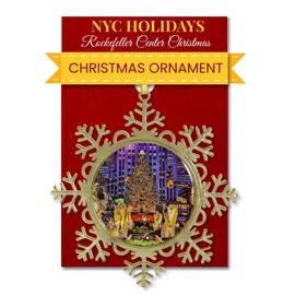 Rockefeller Center Christmas Tree Snowflake Ornament – NYC Holiday Collectible, 4x4 Inch Brass Snowflake Frame with 2.25 Inch Double-Sided Picture Covered with Epoxy & Multicolor Glitter by ArtMalore
