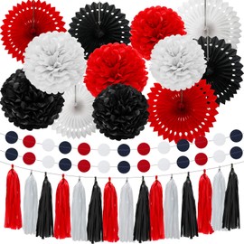 29 Piece Red Black White Party Decoration Mouse Birthday Party Decoration Set Paper Pom Poms Honeycomb Fans Paper Tassels Circle Dot Garlands for Graduation Baby Shower Festival