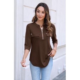 Womens Tops Business Casual Half Sleeve Zip Up Pleated Tunic Tops Shirts to Wear With Leggings Brown M