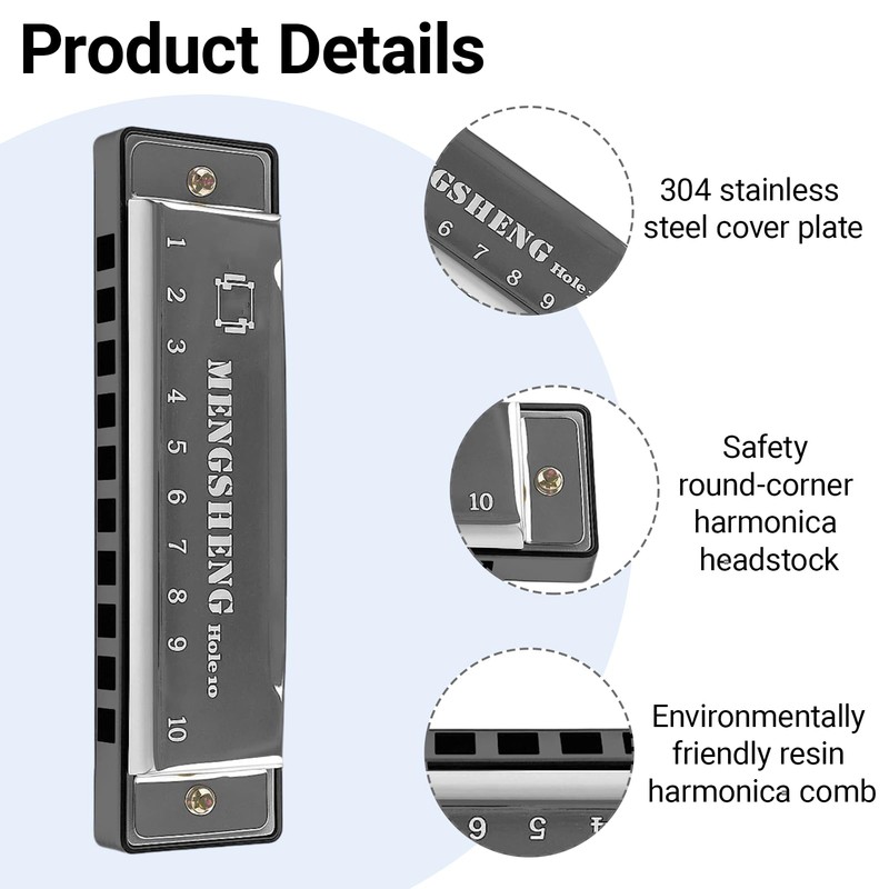 Harmonica C Key 10-Hole Diatonic Mouth Organ, Compact Harmonicas for