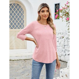 Sherosa 3/4 Sleeve Shirts for Women Petite Crewneck Simple Tees Loose Tunic Tshirts Pink M