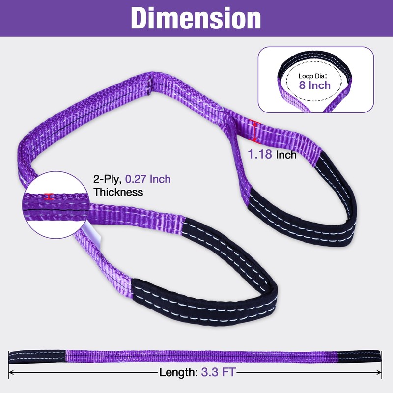 2 Pack 1" x3.3Ft Lifting Sling Straps, 2-Ply Heavy Duty