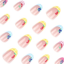 Summer Press on Nails Short Almond Glue on Nails with Fruit Stripe Designs Cute Fake Nails Colored French Tip Nails Acrylic Full Cover Short Oval False Nails Reusable Stick on Nails for Women 24PCS