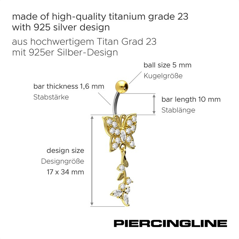 PIERCINGLINE Titanium Belly Button Piercing | Butterflies 925 Silver |